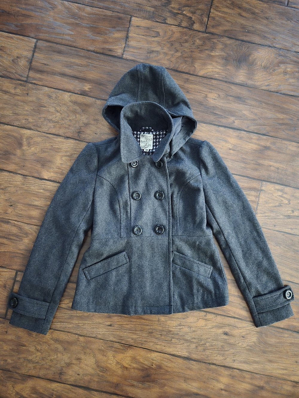 Tulle Gray Double Breasted Hooded Pea Coat Jacket Size M